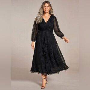 🆕 Plus Size Twist Knot Louts Leaf Long Sleeve A-Line Evening Dress